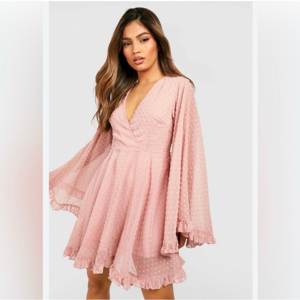 Boohoo Blush Pink Swiss Dot Chiffon Wrap Dress UK 12 (US 8)